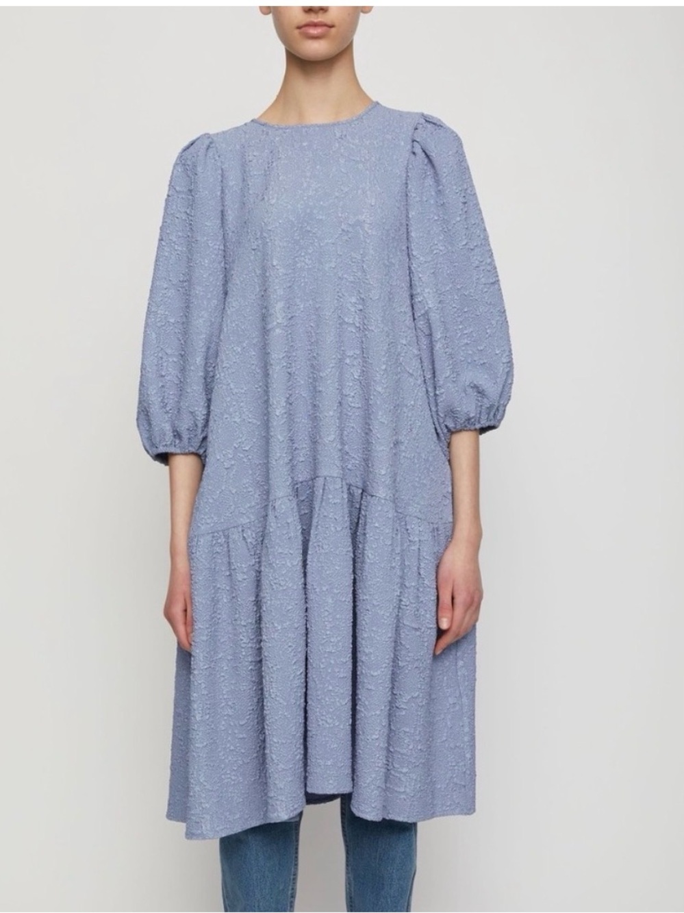 JUST Female Blue Textured Puff-Sleeve Midi Dress